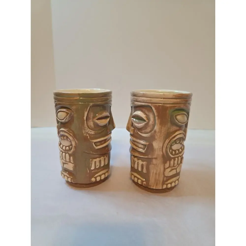 2 Vintage Ceramic Tiki Mugs with Handles 5.5